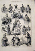 Old Antique Print 1873 Vienna Postman Cart Police Monk Coachman Sketches 19th