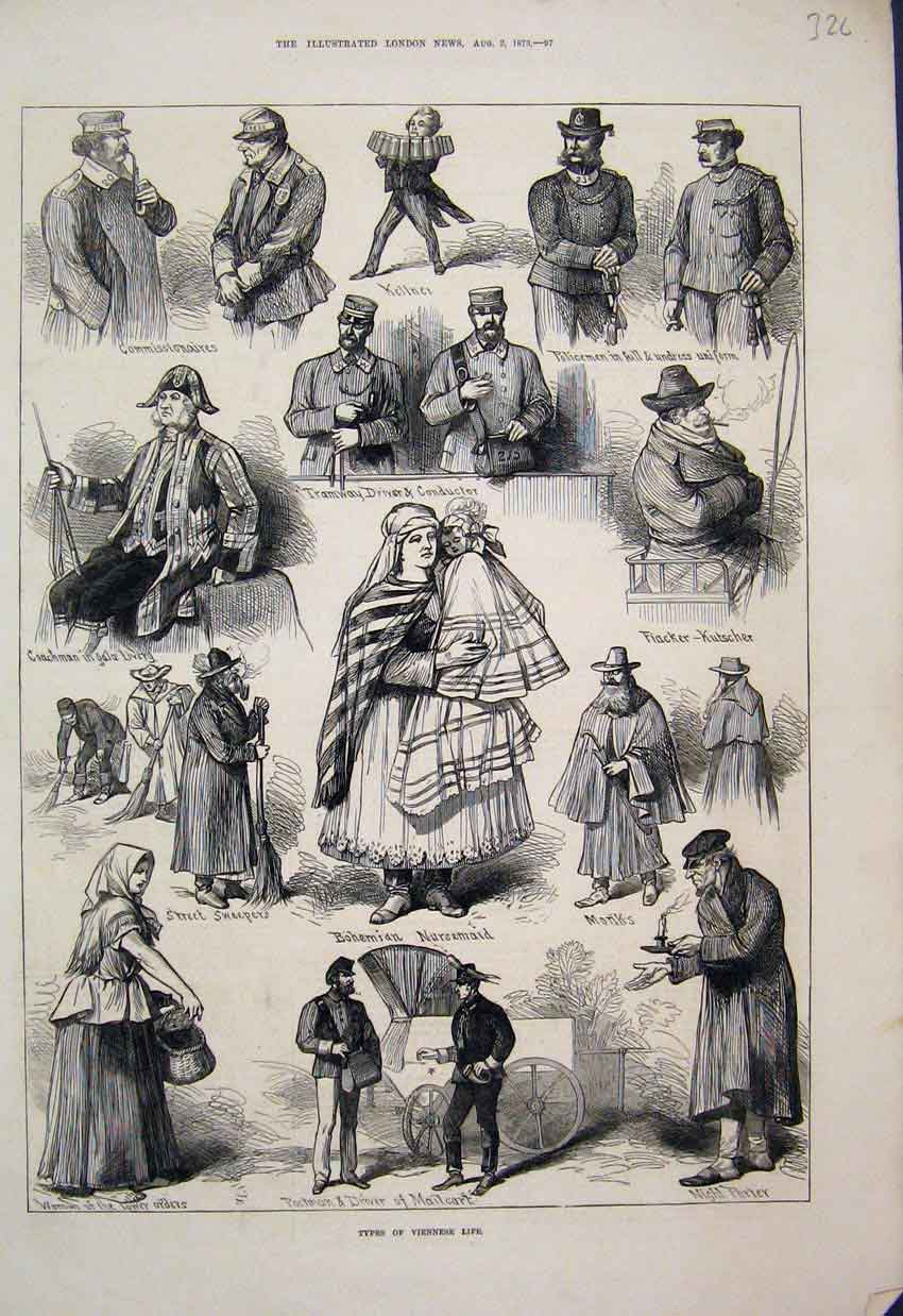 Old Antique Print 1873 Vienna Postman Cart Police Monk Coachman Sketches 19th