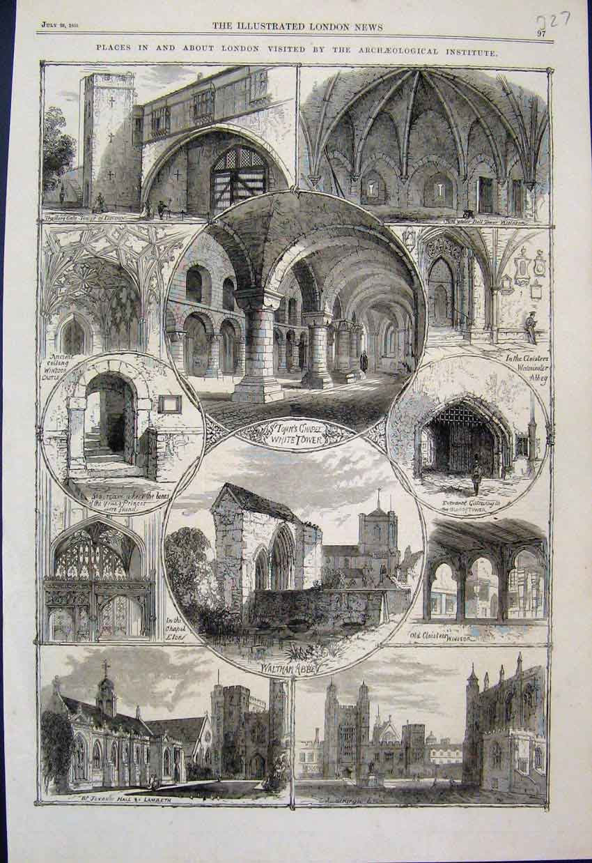 Original Old Antique Print 1866 Archaeological Site Visits London Eton Windsor