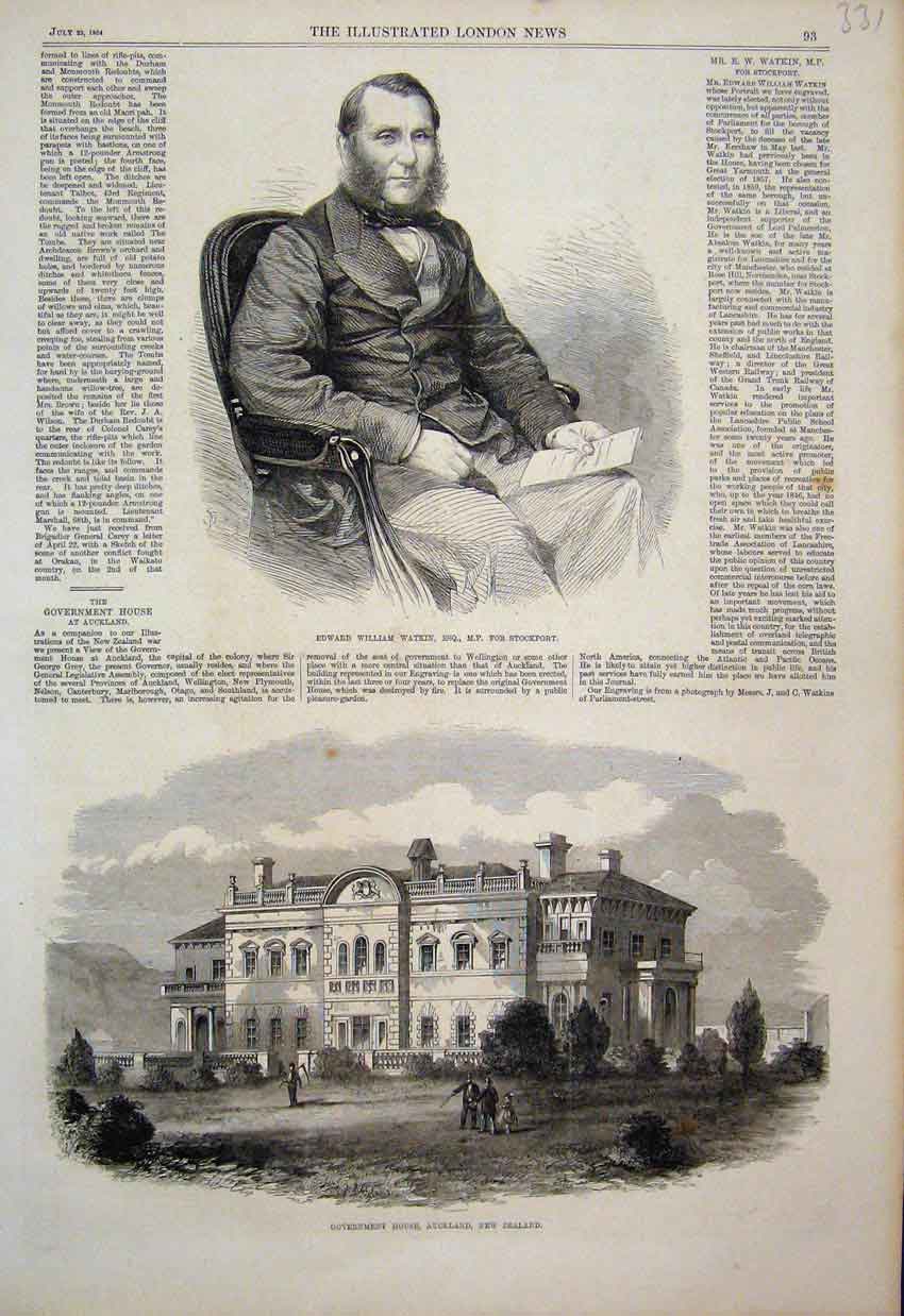 Original Old Antique Print 1864 Government House Auckland Edward Watkin Portrait