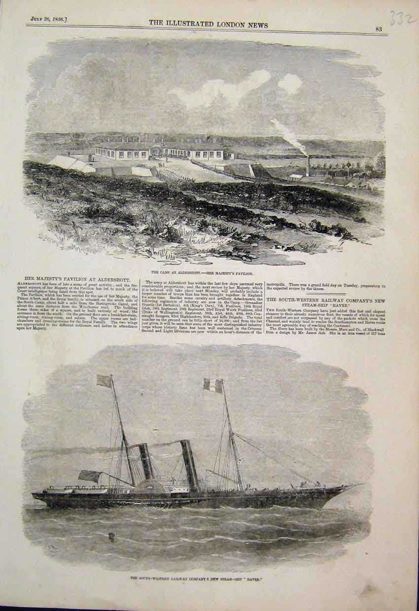 Old Antique Print 1856 Aldershot Camp Majesty Pavillion Havee Steam Ship 19th