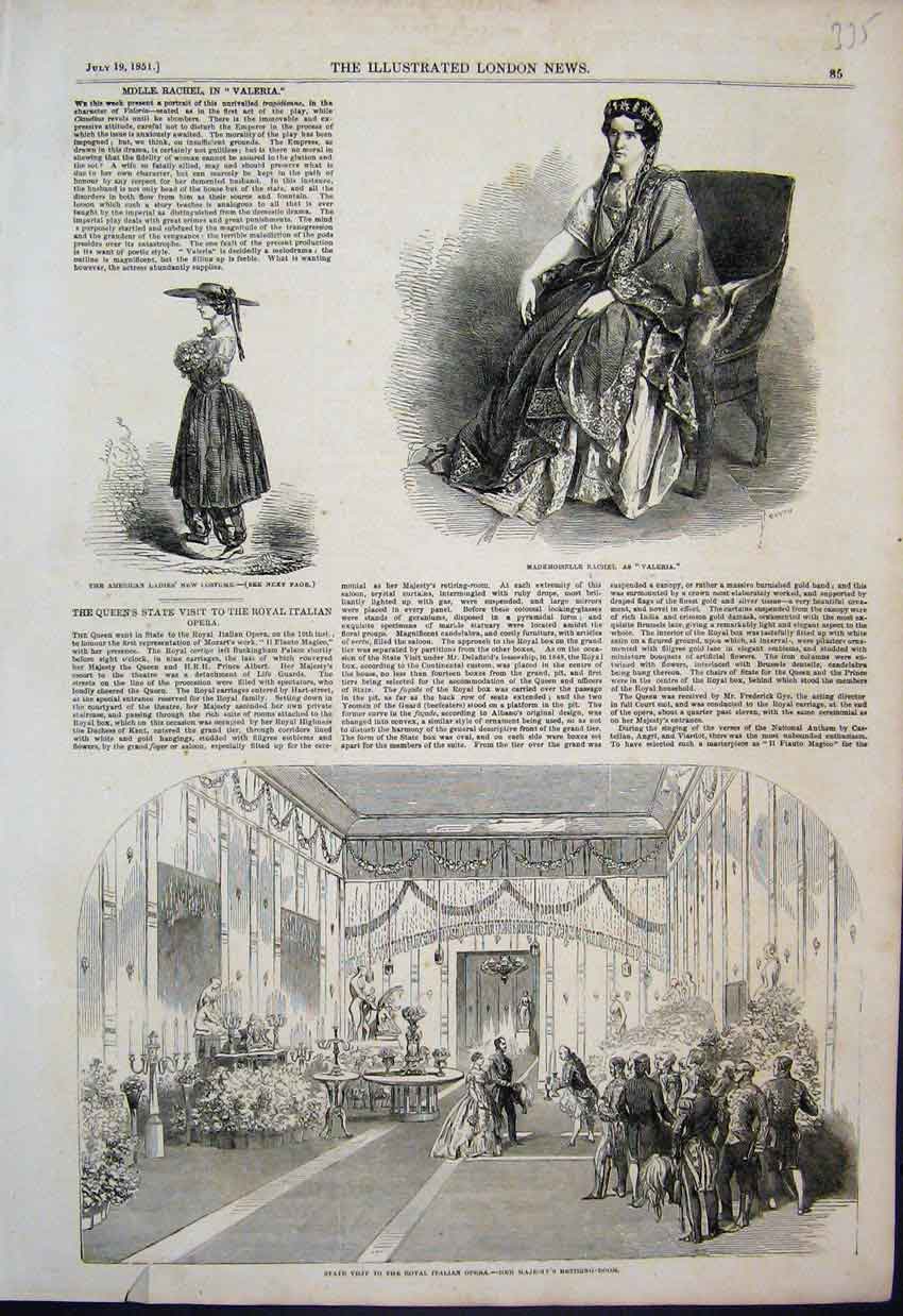 Original Old Antique Print 1851 Theatre Racheal As Valeria Italian Opera Royal