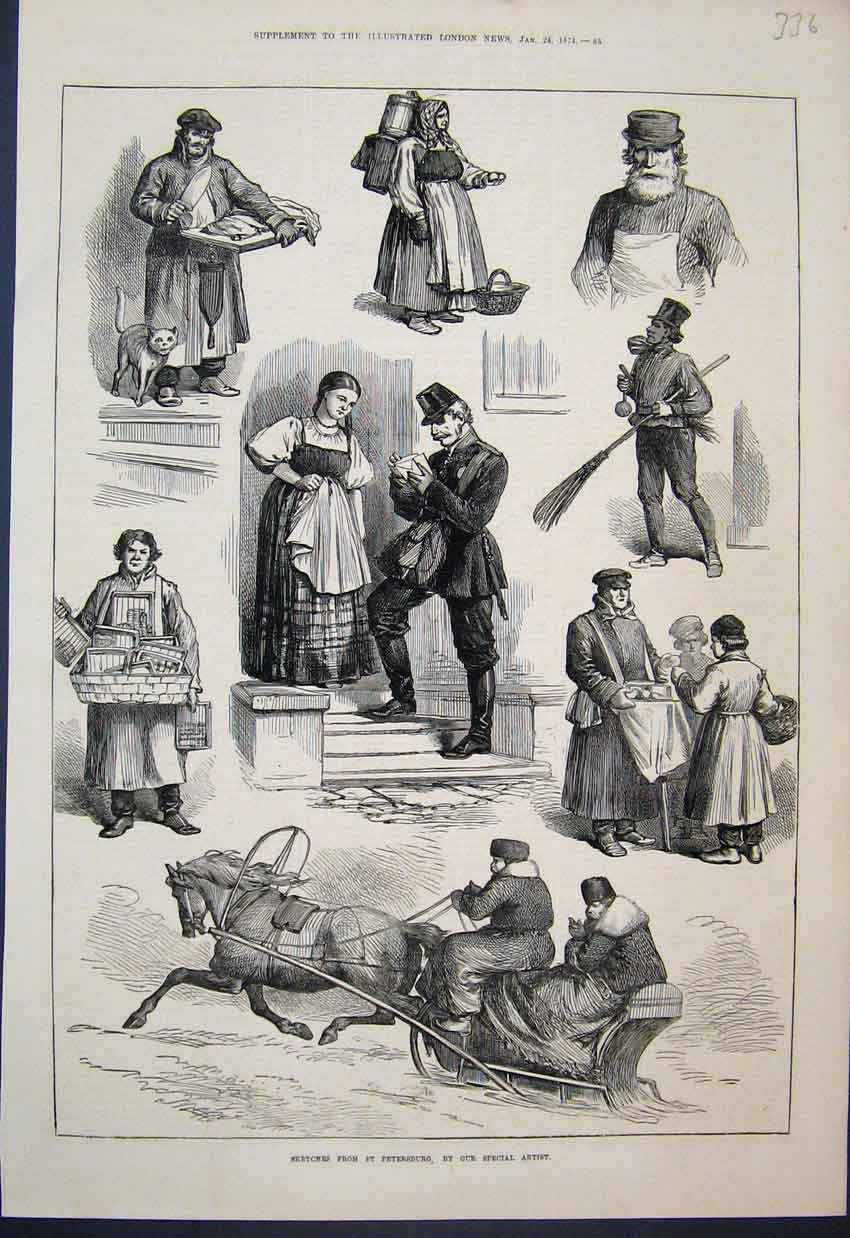 Original Old Antique Print 1874 St Petersburg Sketches Post Baker Sledge Sweep