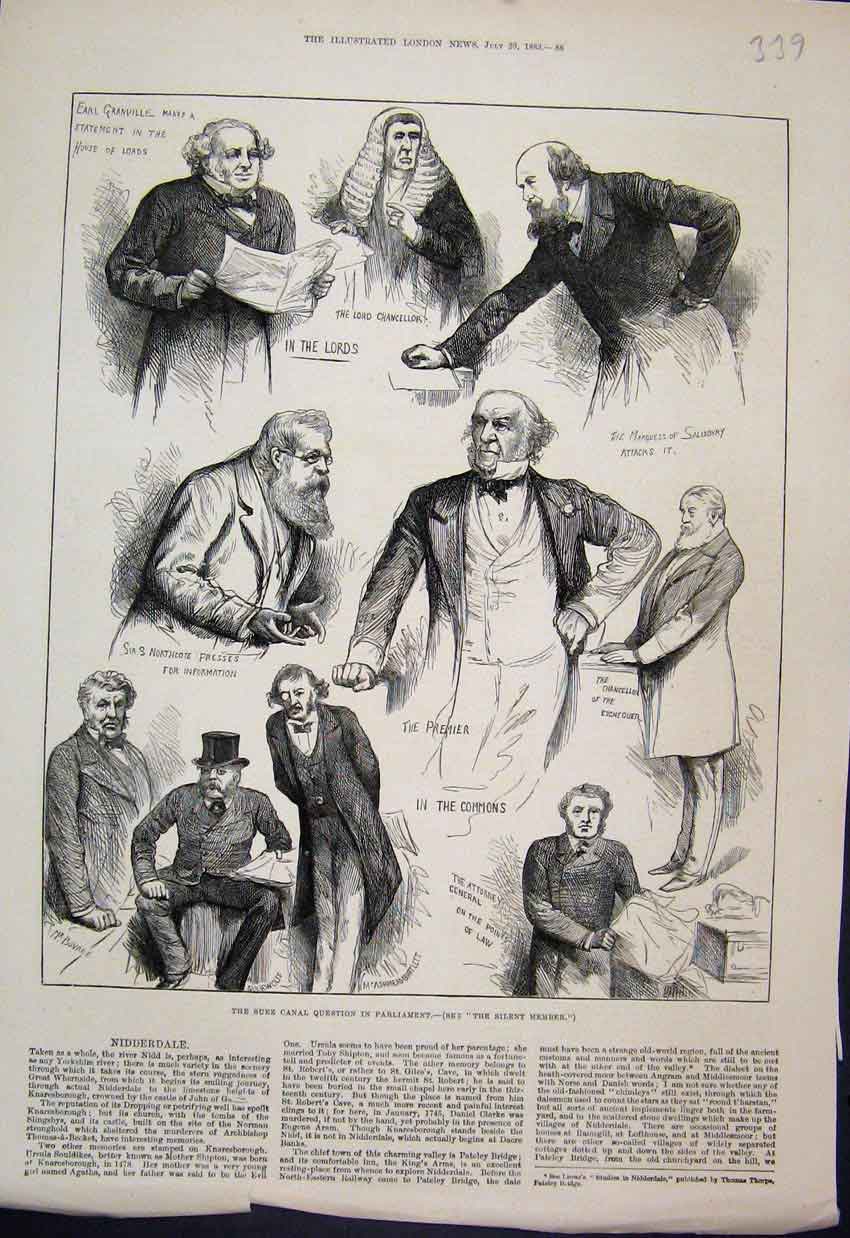 Original Old Antique Print 1883 Suez Canal Question Parliament Lords Commons
