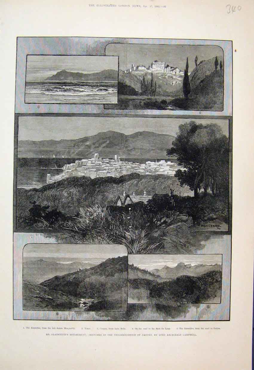 Original Old Antique Print 1883 Mr Gladstones Retirement Cannes Isola Bells 19th