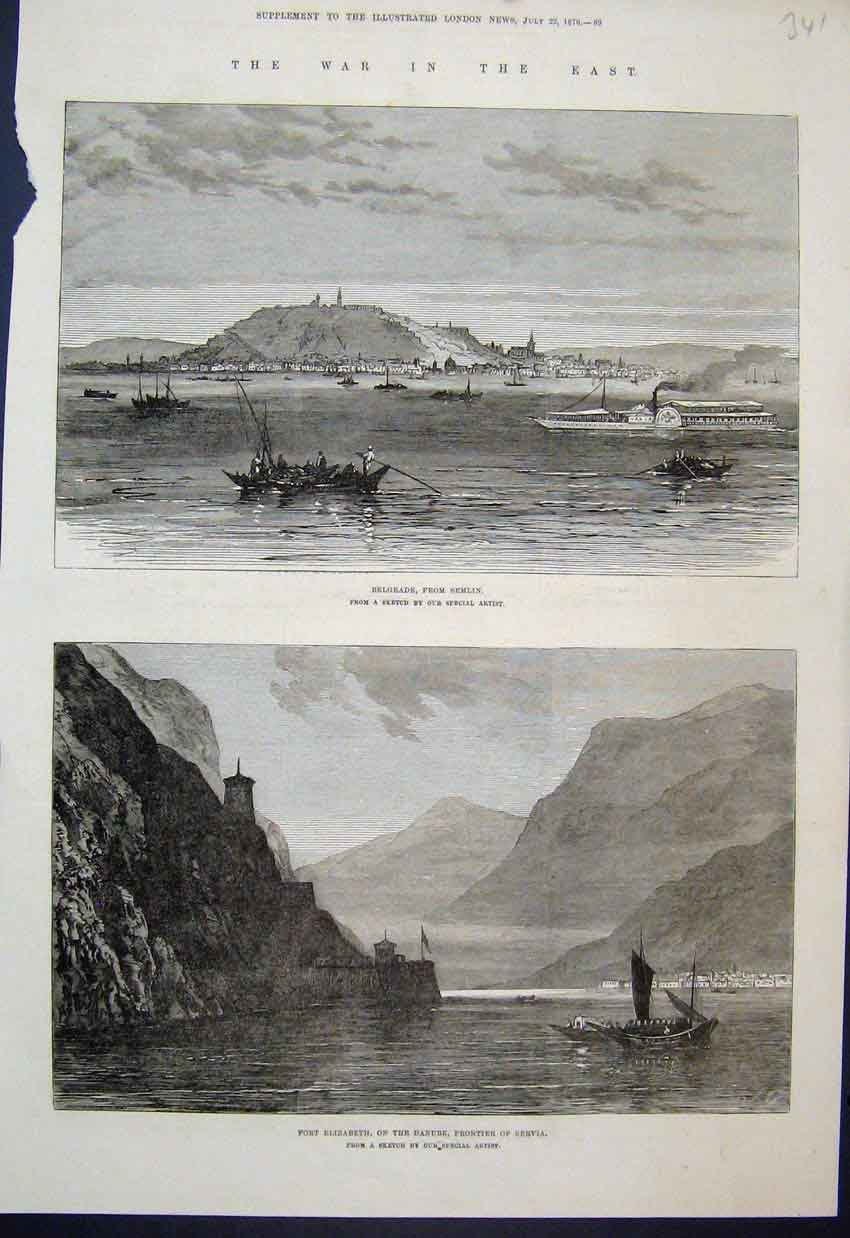 Old Antique Print 1876 Belgrade Semlin Ships Fort Elizabeth Danube Servia 19th
