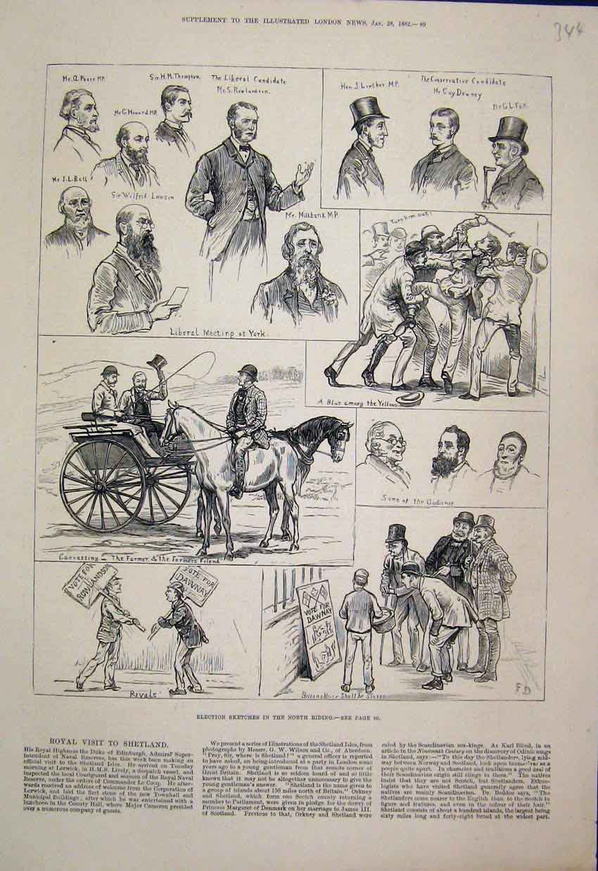Original Old Antique Print 1882 Election Sketches North Riding Canvassing Horse