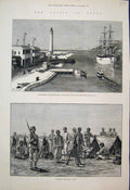 Original Old Antique Print 1882 Lighthouse Breakwater Suez Canal Egyptian Camp
