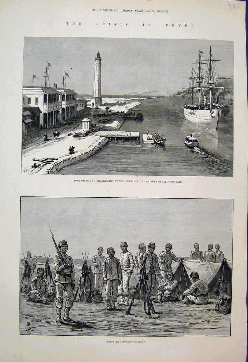Original Old Antique Print 1882 Lighthouse Breakwater Suez Canal Egyptian Camp
