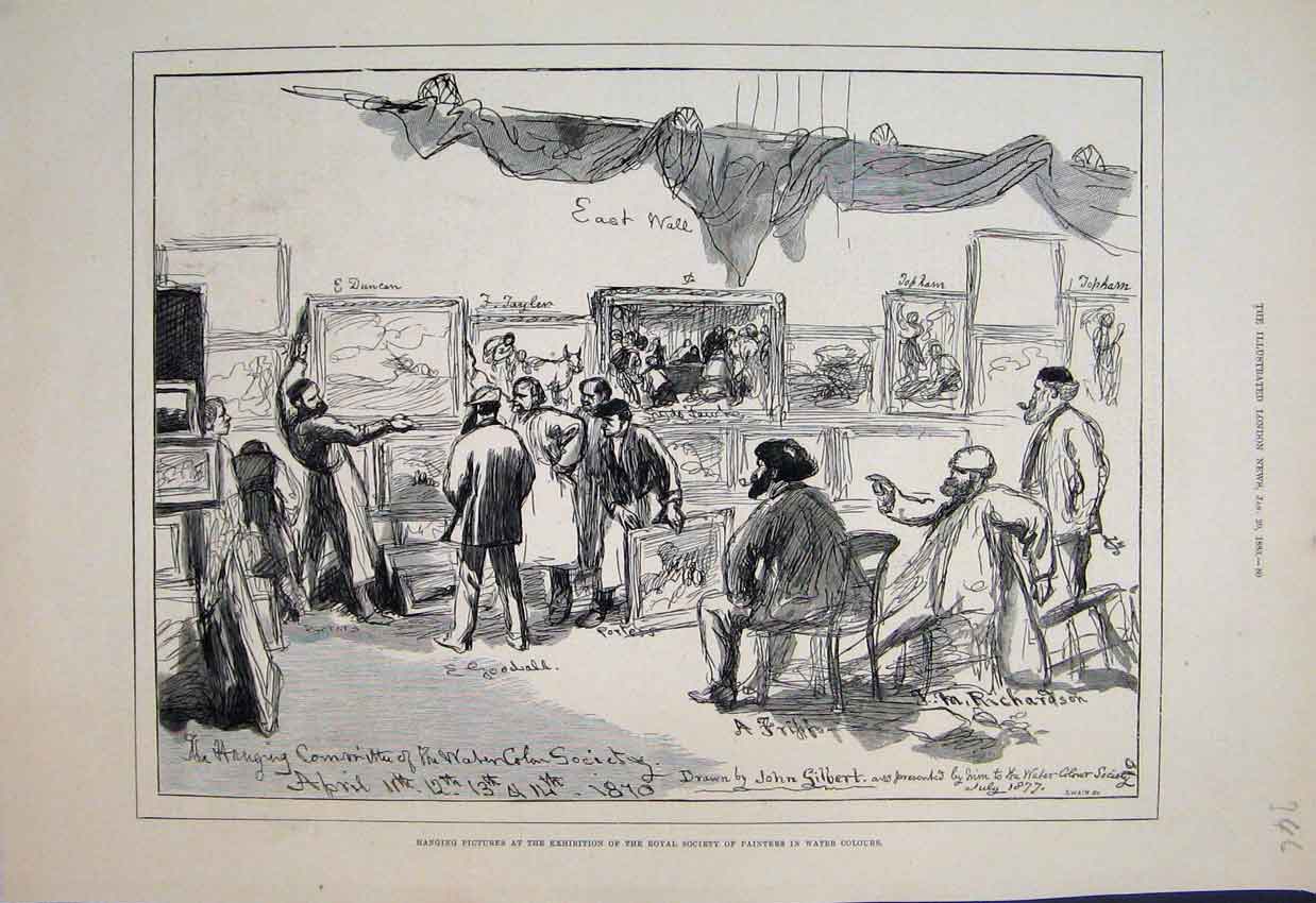 Original Old Antique Print 1883 Hanging Paintings East Wall Royal Society 19th