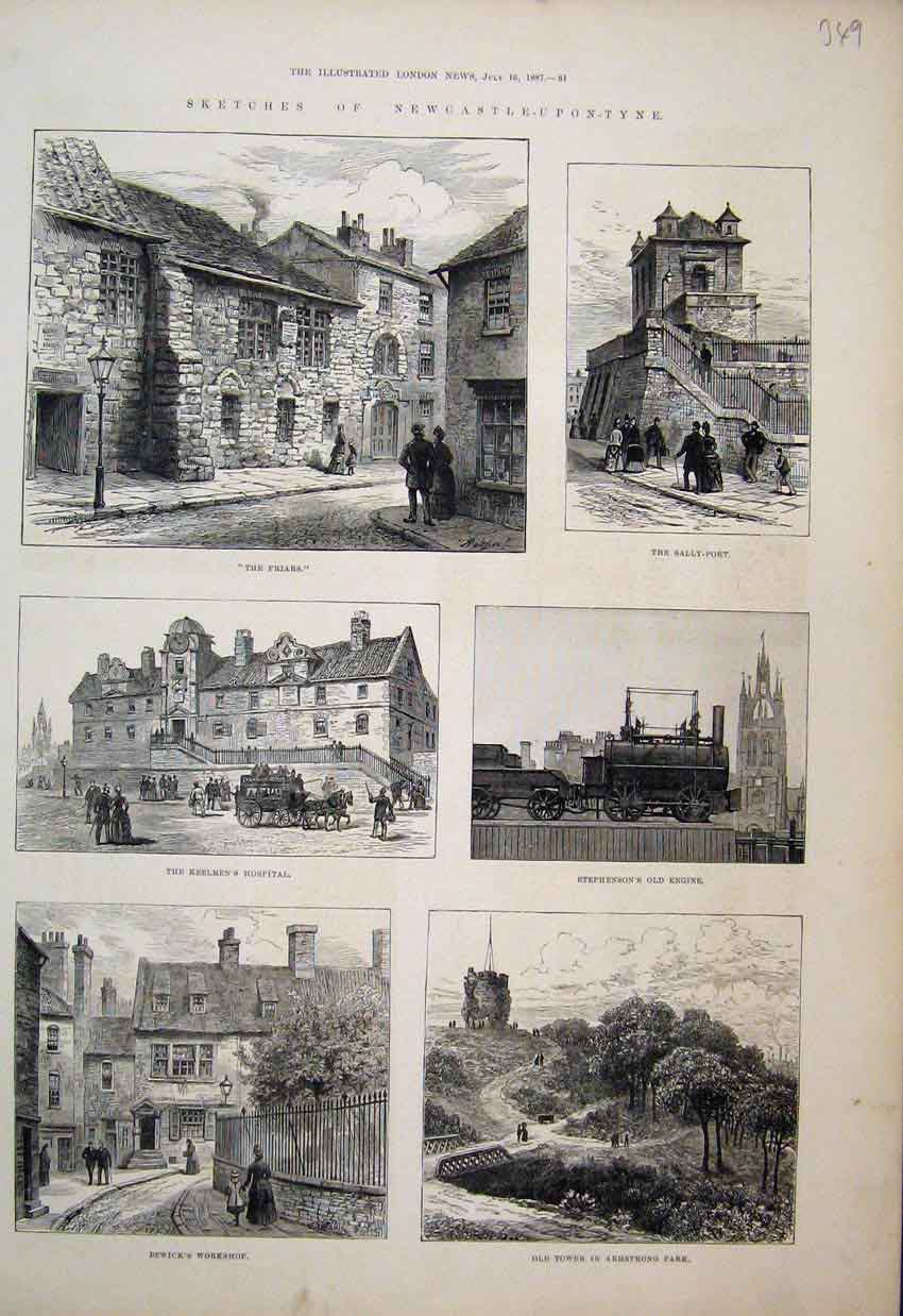 Original Old Antique Print 1887 Newcastle Keelman Hospital Stephenson Engine