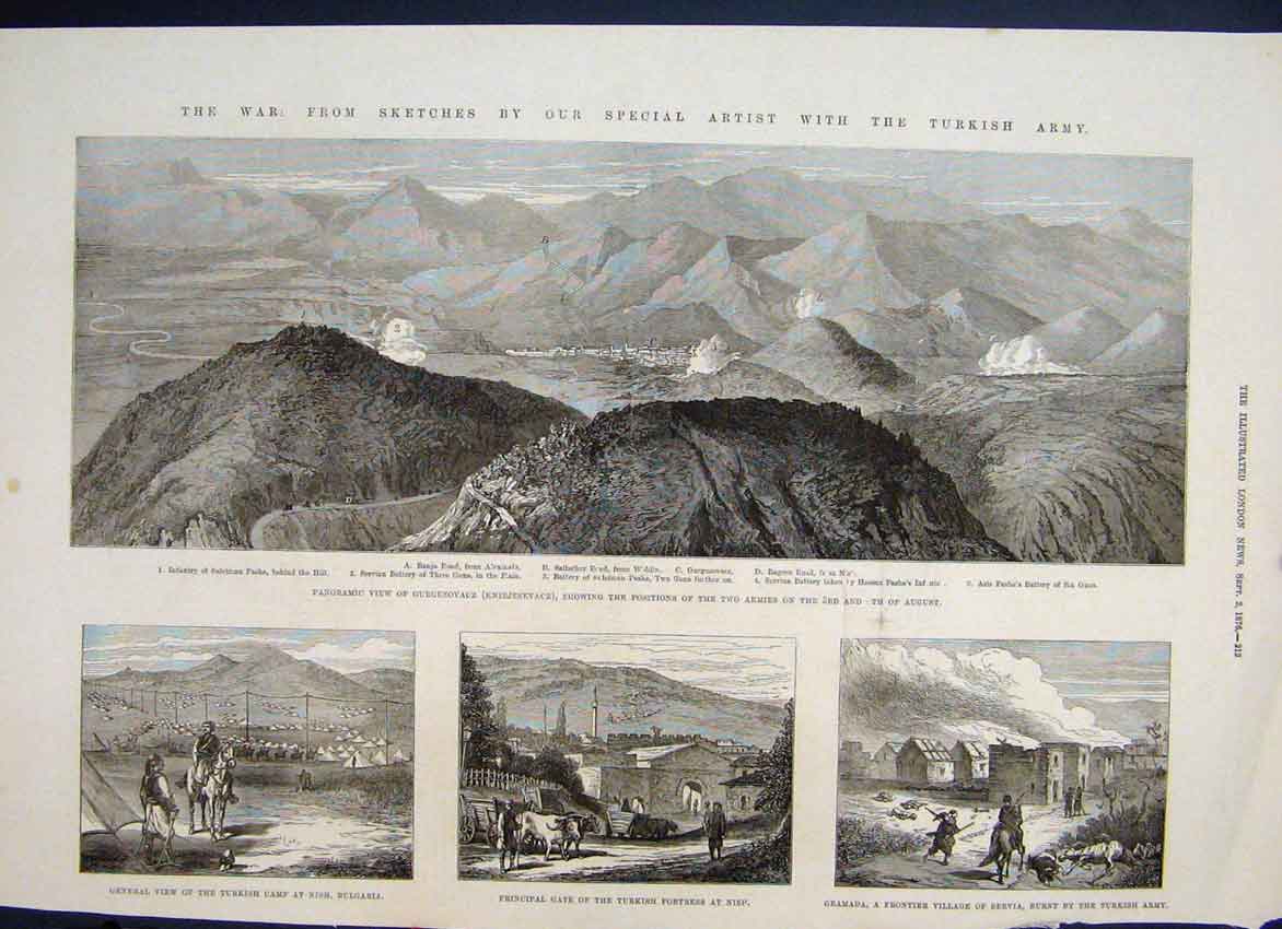 Original Old Antique Print 1876 Sketches Turkish Army Gurgusovacz View Victorian