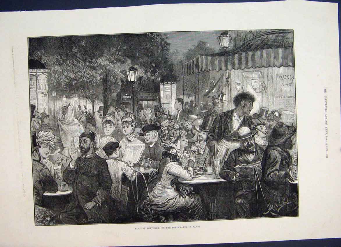 Original Old Antique Print 1879 People Outside Holiday Boulevards In Paris 19th