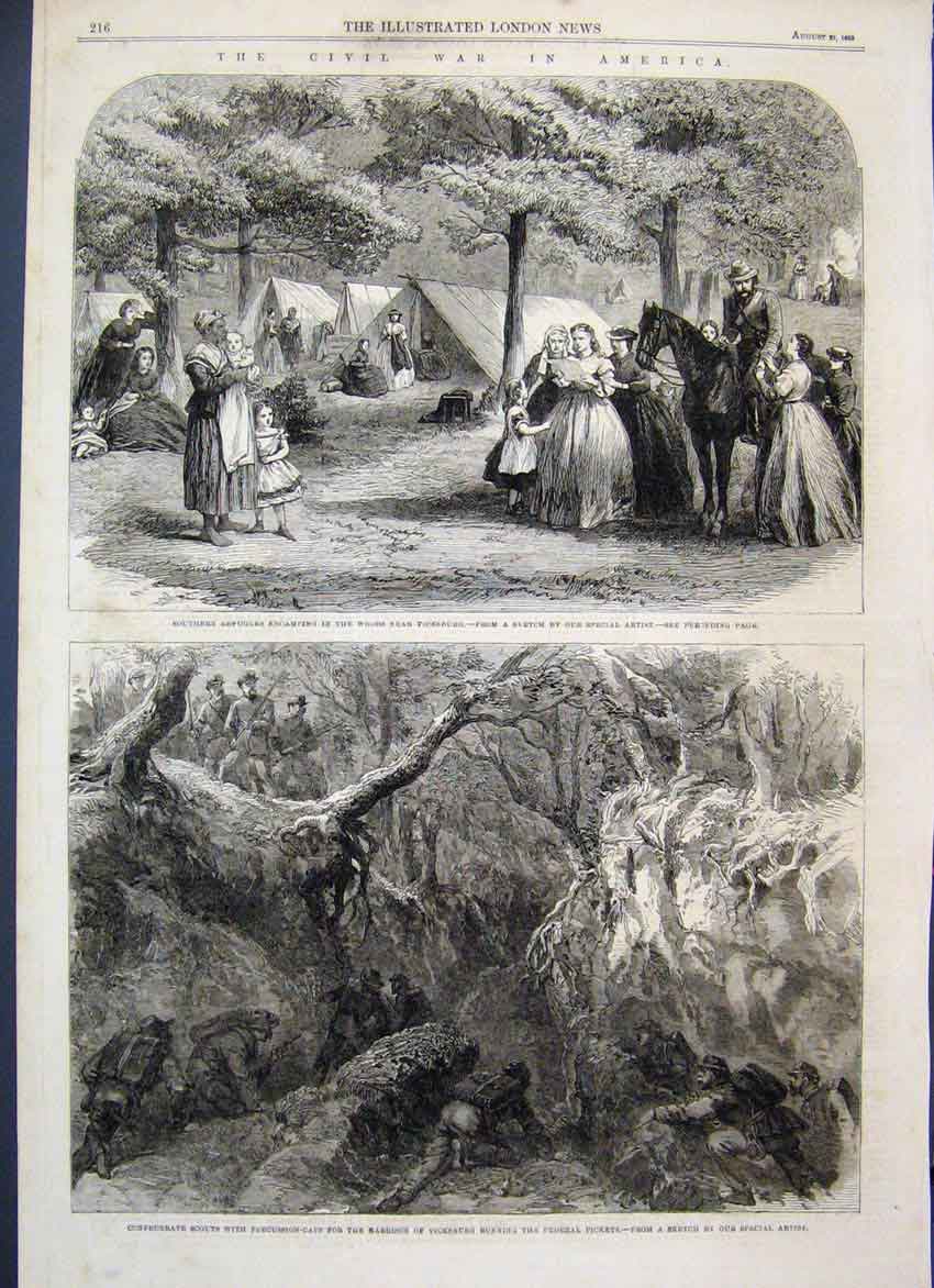 Original Old Antique Print 1863 Us Civil War Refugees Camp Woods Vicksburgh 19th