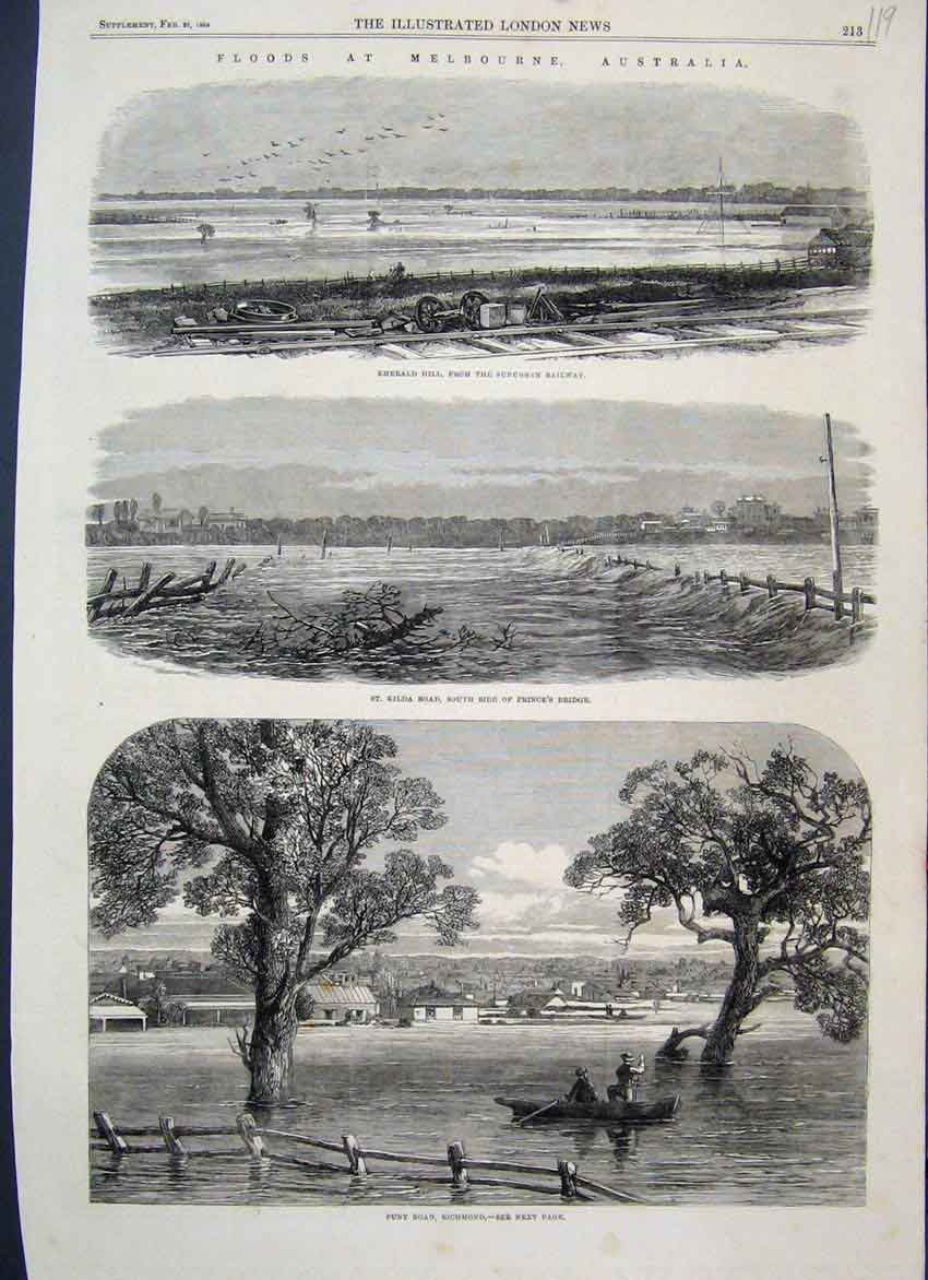 Old Antique Print 1864 Floods Melbourne Emerald Hill Prince'S Bridge Punt 19th