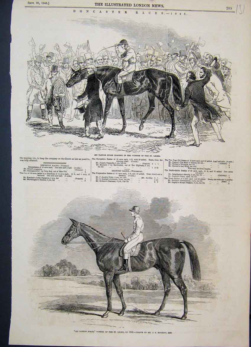 Original Old Antique Print 1846 Doncaster Races St Leger Winners Horses 19th