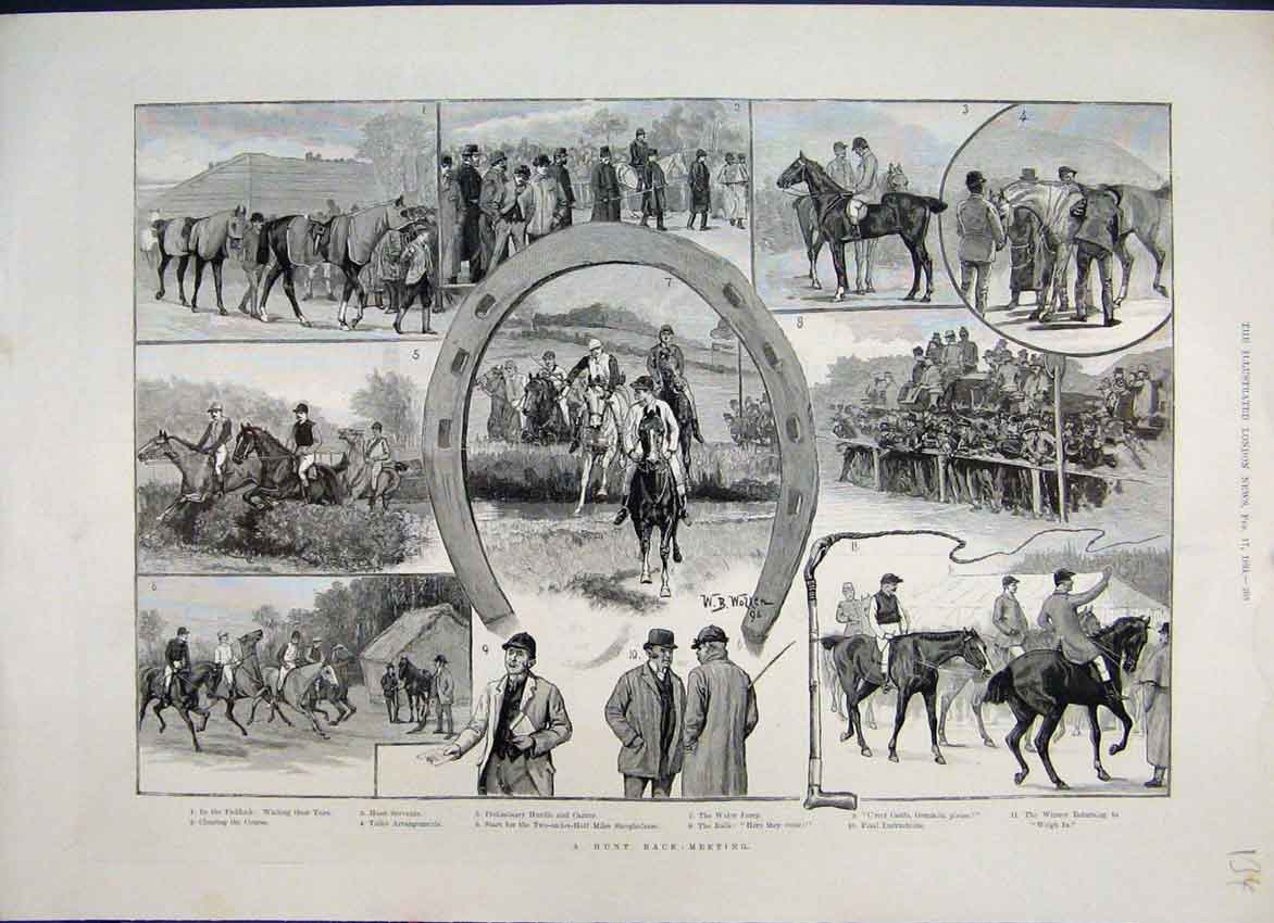 Original Old Antique Print 1894 Sketches Hunt Race Meeting Horseshoe Horses 19th