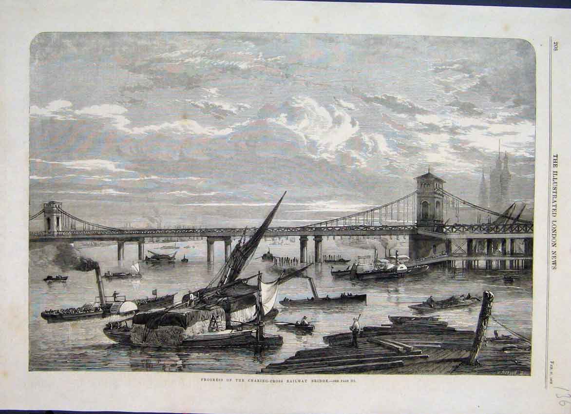 Original Old Antique Print 1863 Progress Charing Cross Railway Bridge Victorian