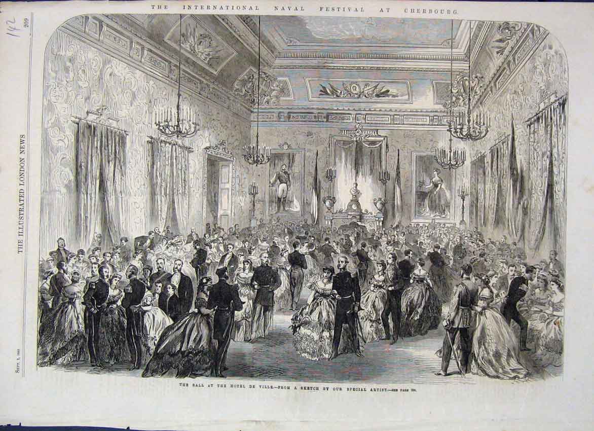Original Old Antique Print 1865 Naval Festival Cherbourg Hotel De Ville 19th