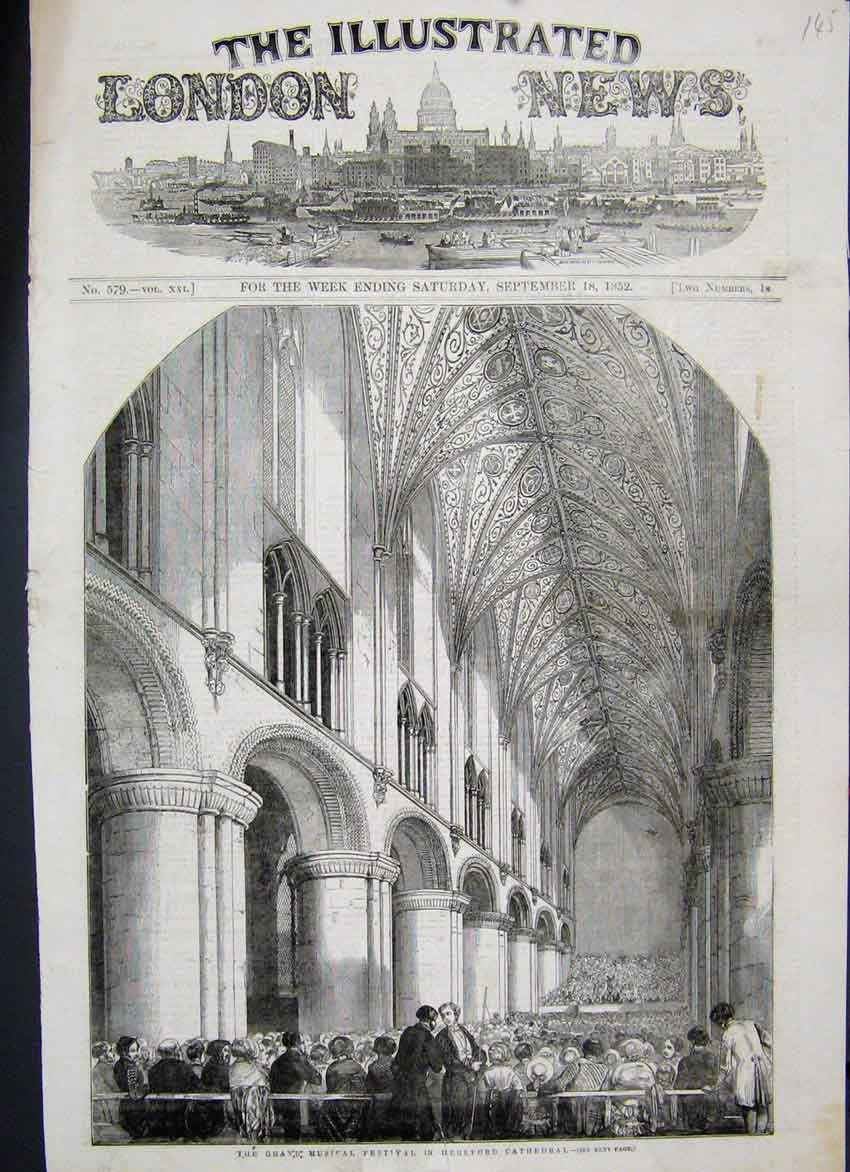 Original Old Antique Print 1852 Grand Musical Festival Hereford Catherdral 19th