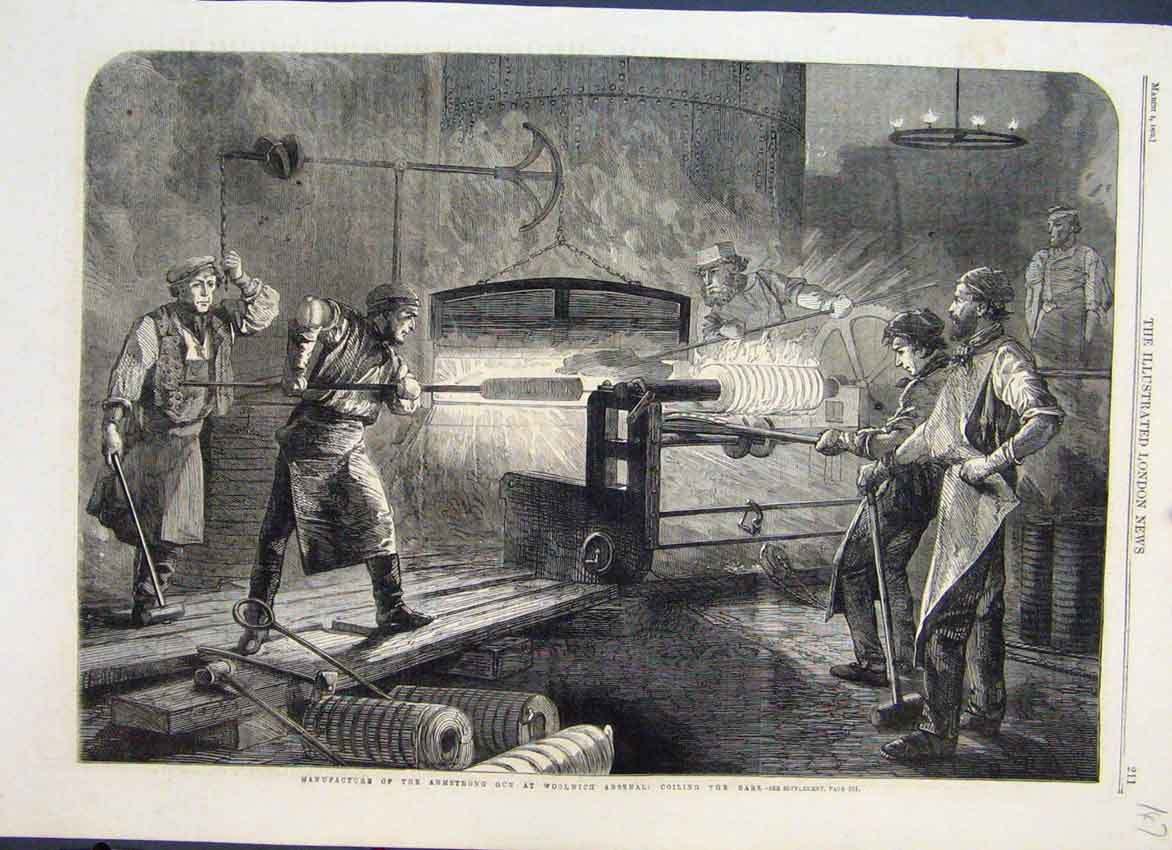 Original Old Antique Print 1862 Armstrong Gun Makers Coiling Bars Woolwich 19th