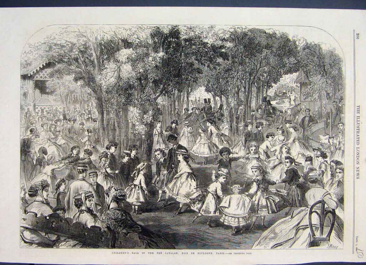 Old Antique Print 1866 Childrens Ball Pre Catalan Bois De Boulogne Paris 19th