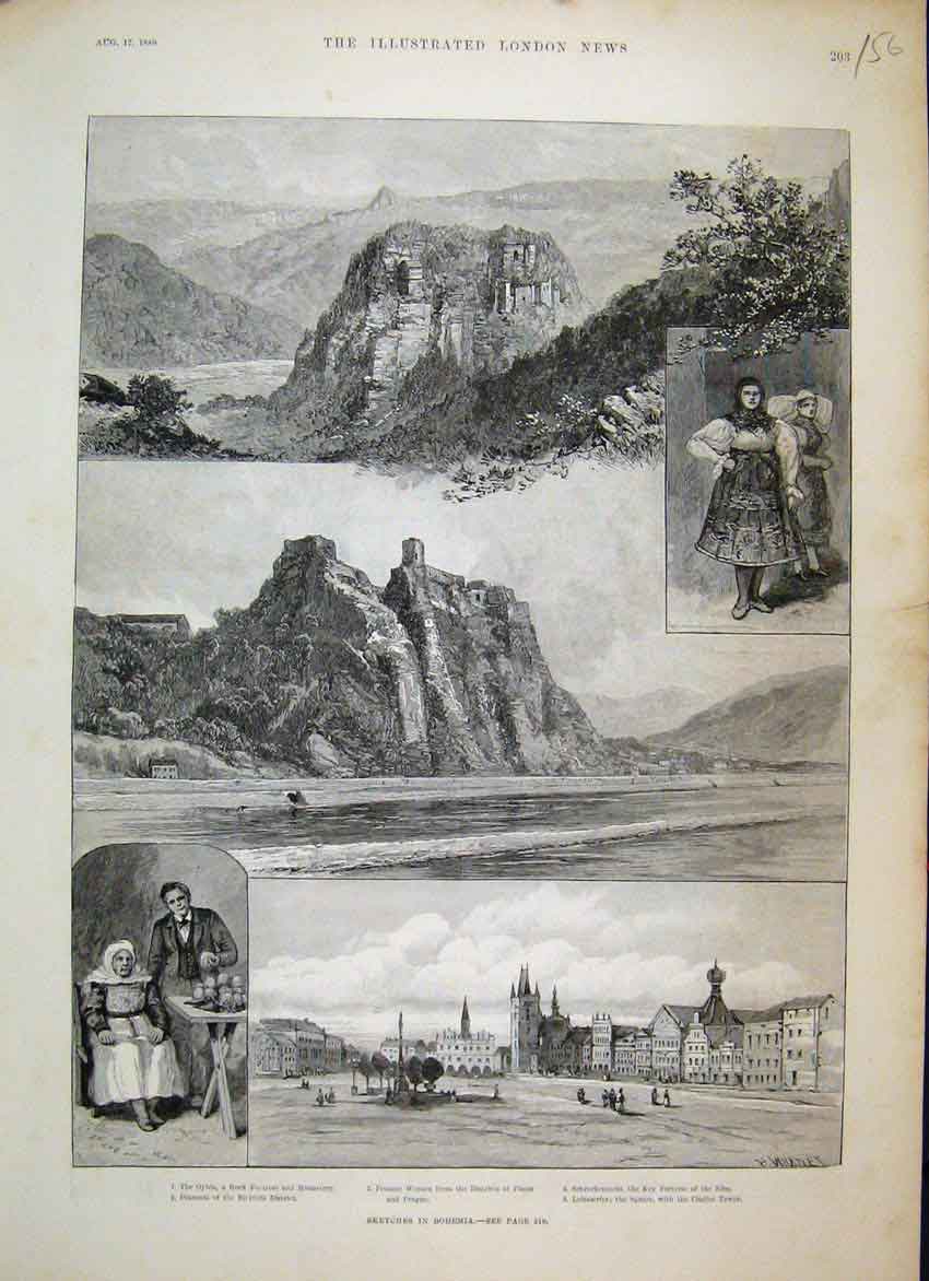 Original Old Antique Print 1889 Sketches In Bohemia Pilsen Prague Oybin Elbe
