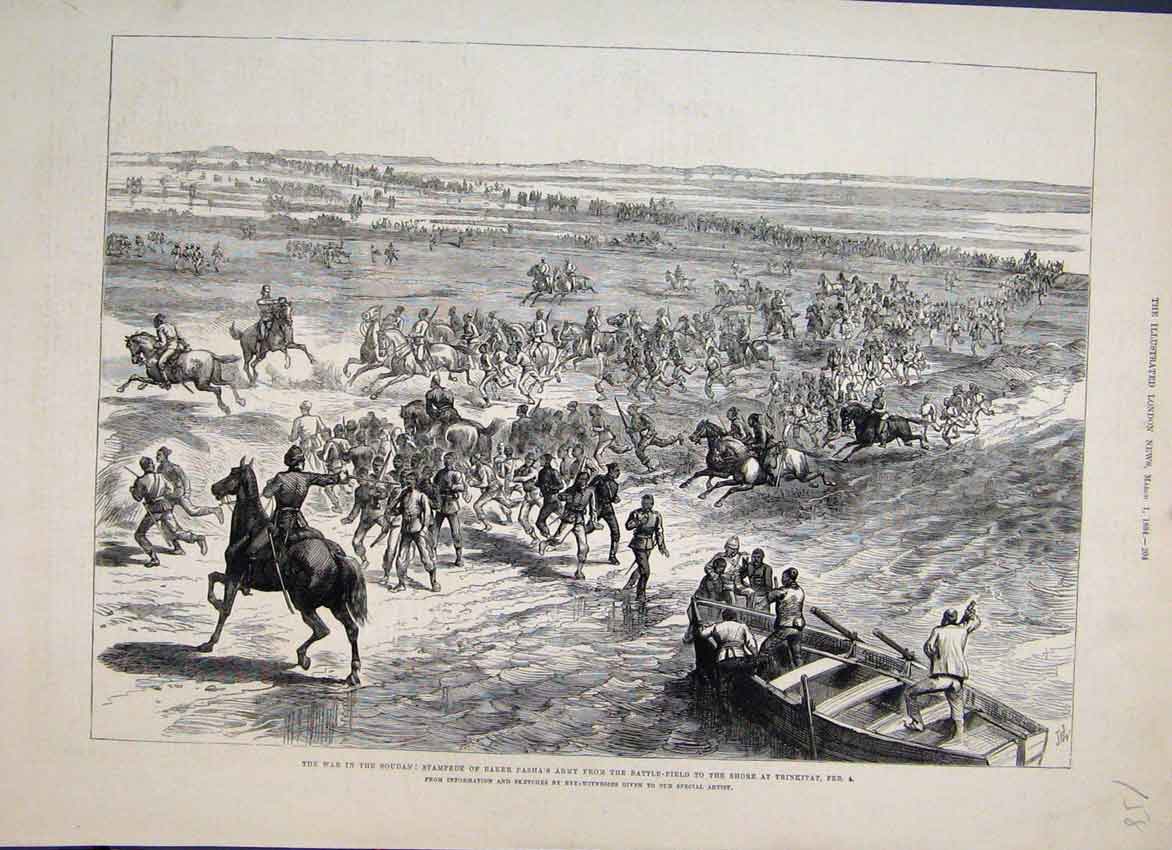 Original Old Antique Print 1884 Soudan War Stampede Baker Pasha Trinkitat 19th