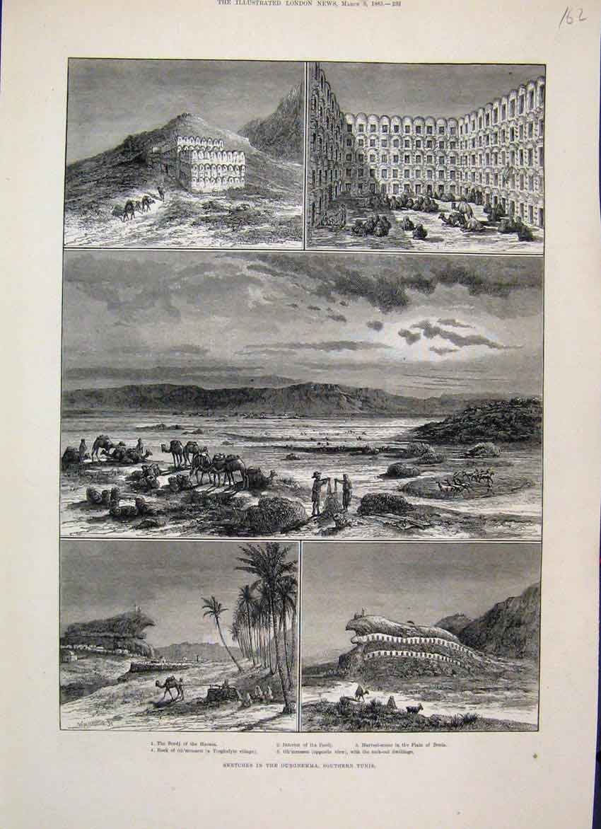 Original Old Antique Print 1883 Sketches Ourghemma Southern Tunis Bordj 19th