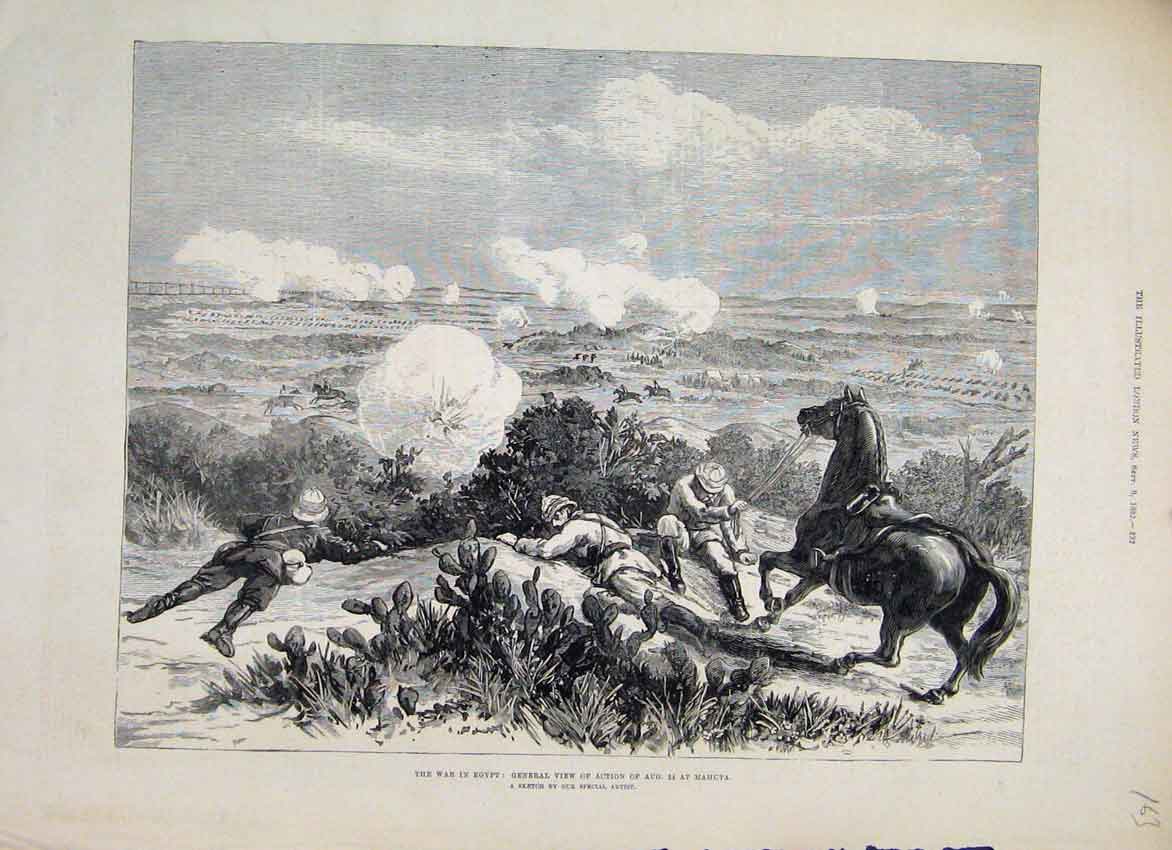 Original Old Antique Print 1882 Egypt War View Action Exchange Fire Mahuta 19th