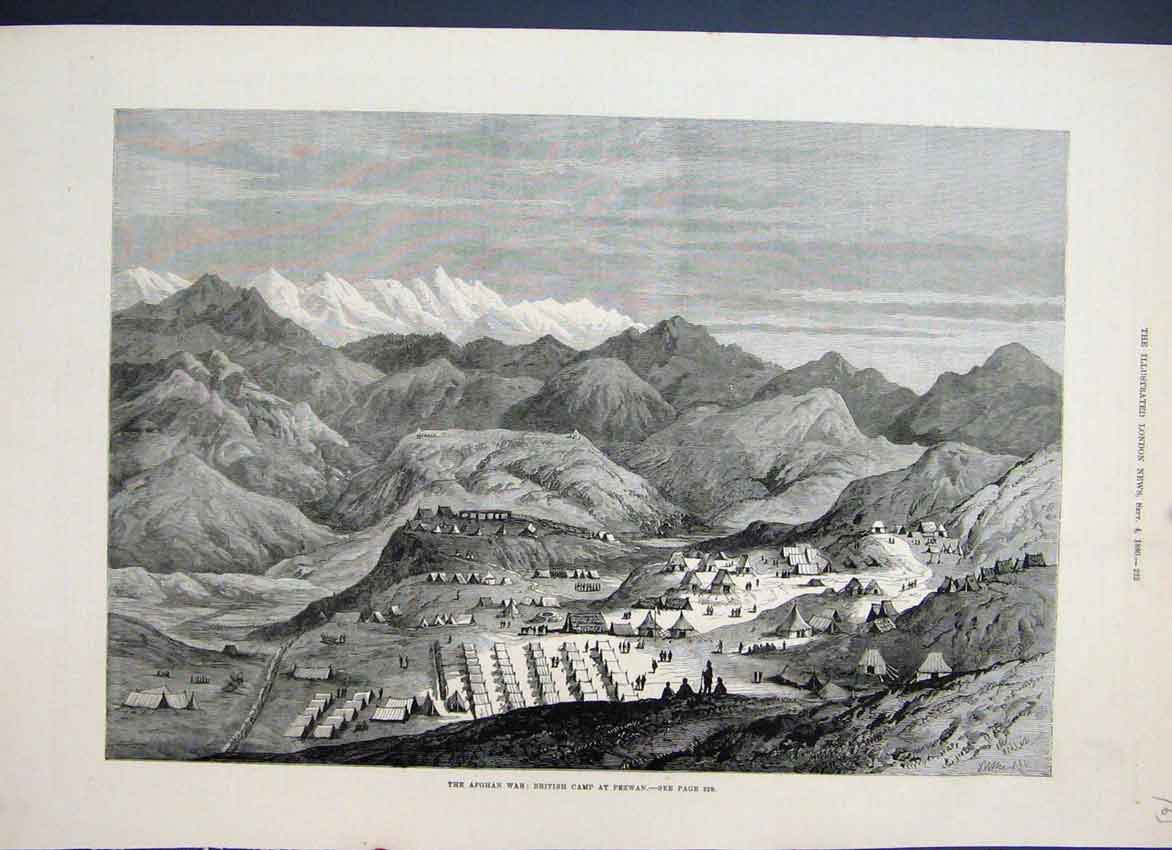 Original Old Antique Print 1880 Afgahn War British Camp Pezwan Tents Victorian