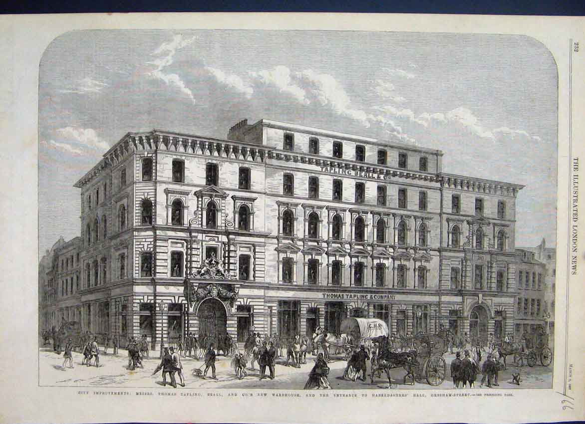 Original Old Antique Print 1867 Thomas Tappling Company Warehouse Gresham Street