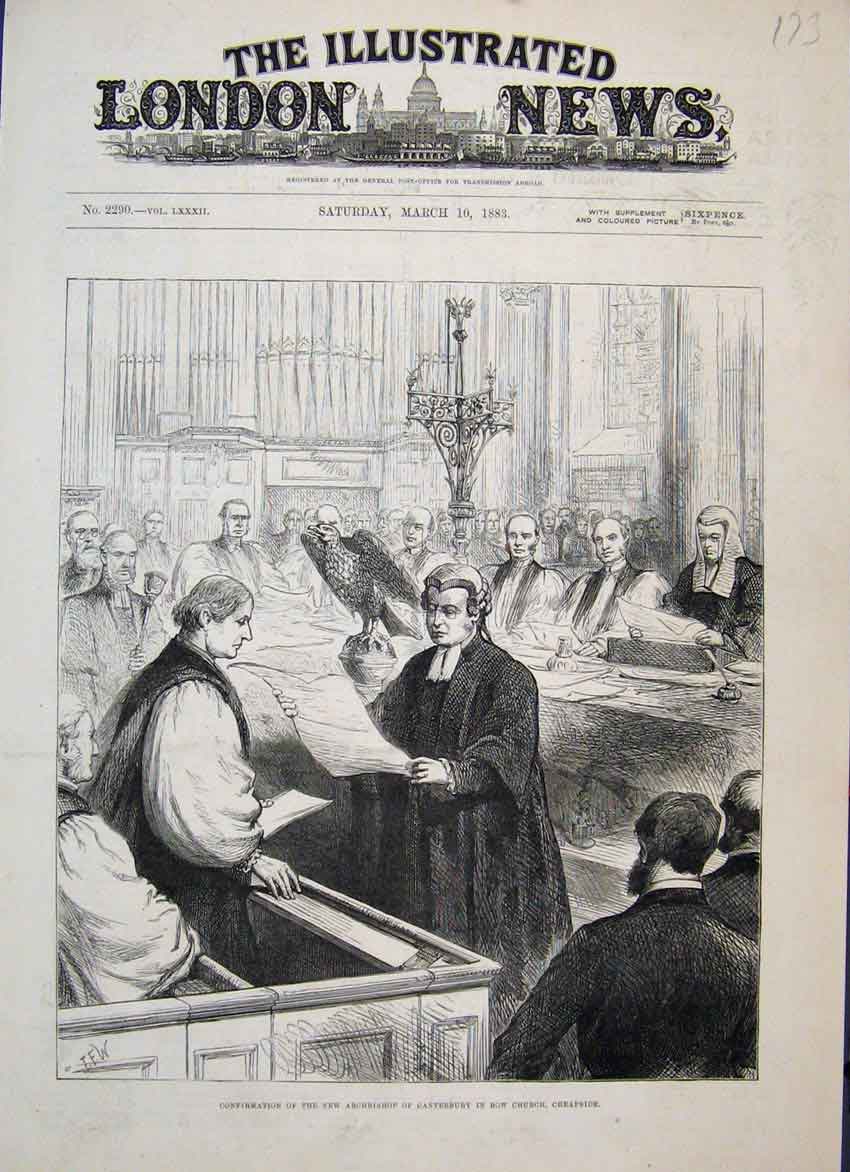 Original Old Antique Print 1883 Archbishop Canterbury Bow Church Cheapside 19th