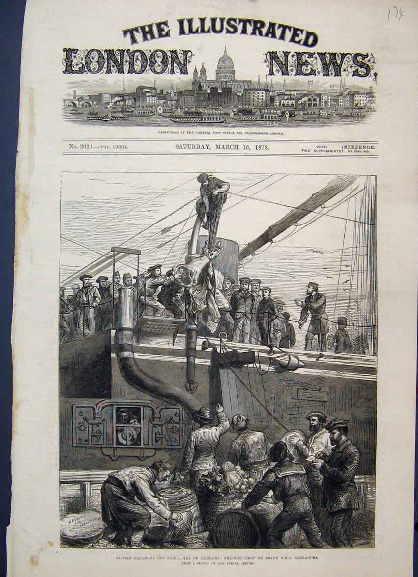 Original Old Antique Print 1878 British Squadron Tuzla Supplies Hms Aleandra