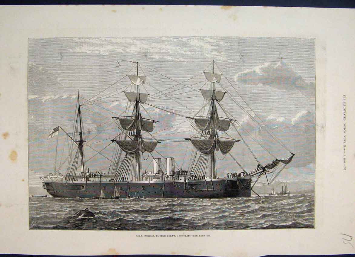 Original Old Antique Print 1880 Hms Nelson Double Screw Ironclad Ship Victorian