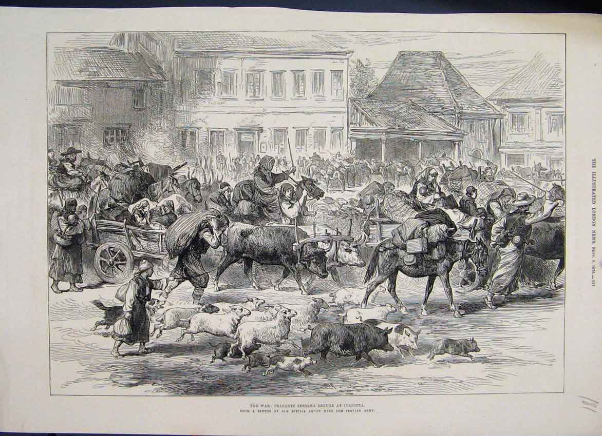 Original Old Antique Print 1876 War Peasants Seeking Refuge Ivanitza Victorian
