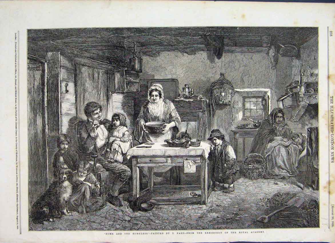 Original Old Antique Print 1856 Home And Homeless Painted T Faed Royal Academy