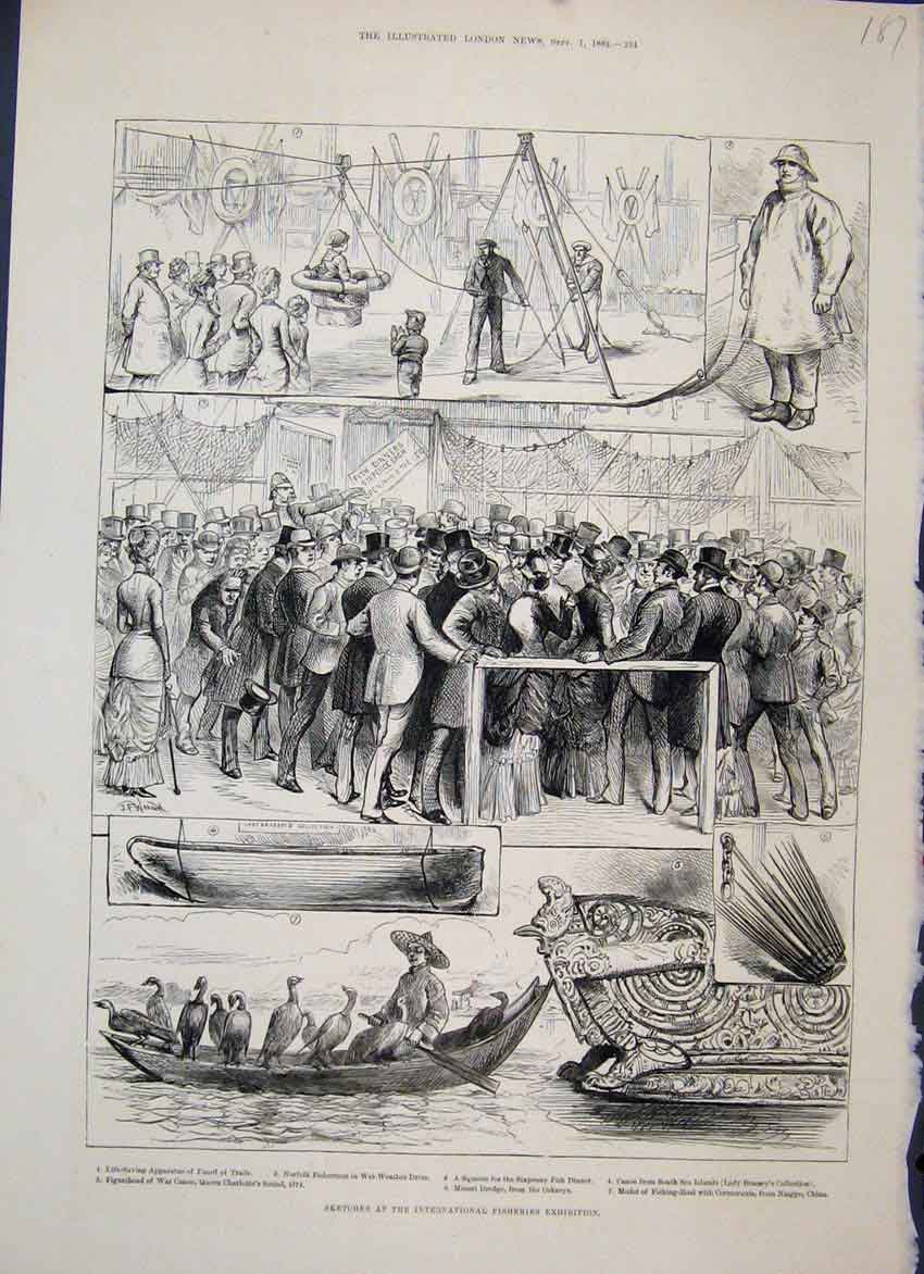 Old Antique Print 1883 International Fisheries Sketches Boats Life Saving 19th