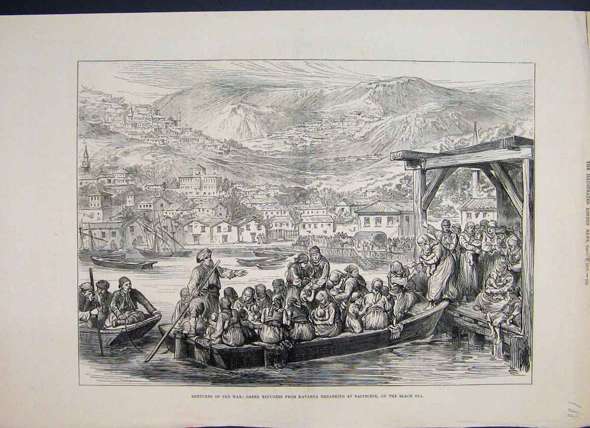Original Old Antique Print 1877 Greek Refugees Kavarna Baltschik Black Sea 19th
