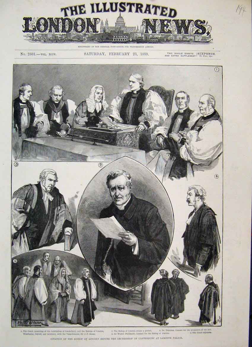 Original Old Antique Print 1889 Citation Bishop Lincoln Canterbury Lambeth 19th