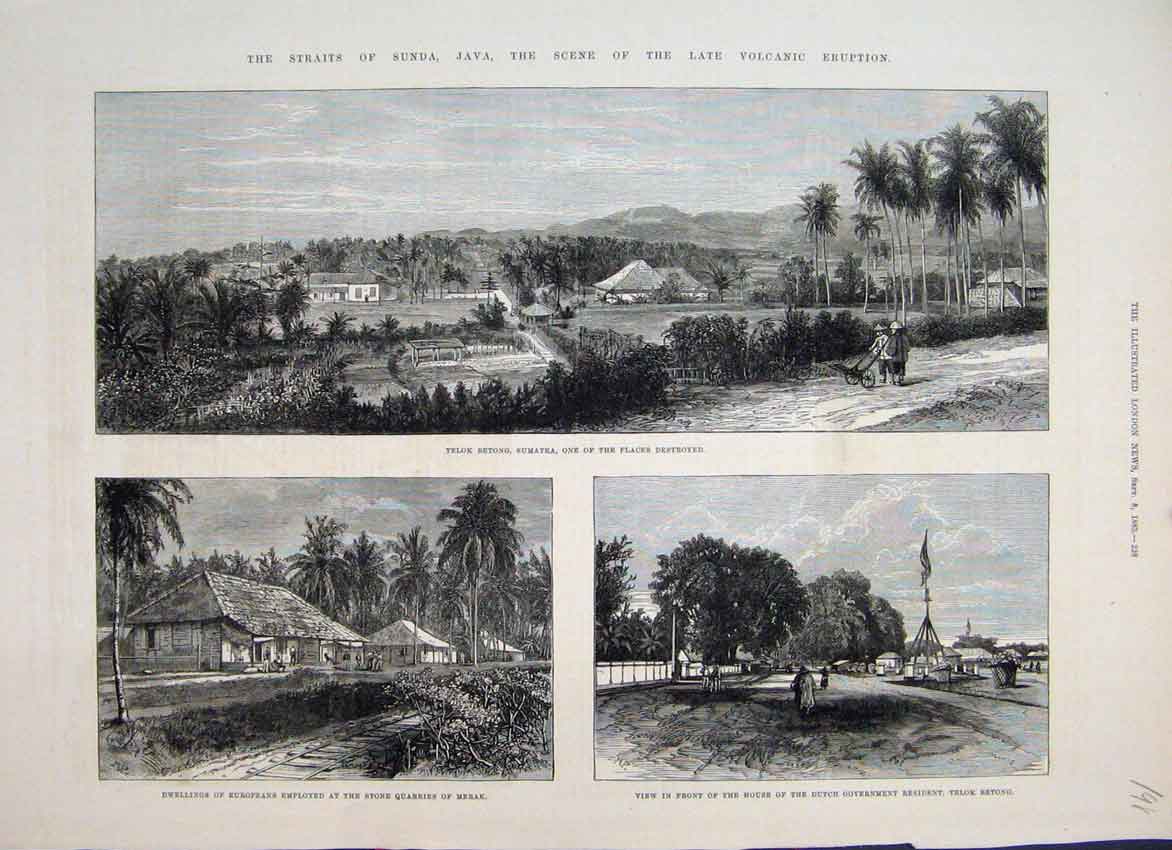 Original Old Antique Print 1883 Straits Sunda Java Scene Late Volcano Victorian