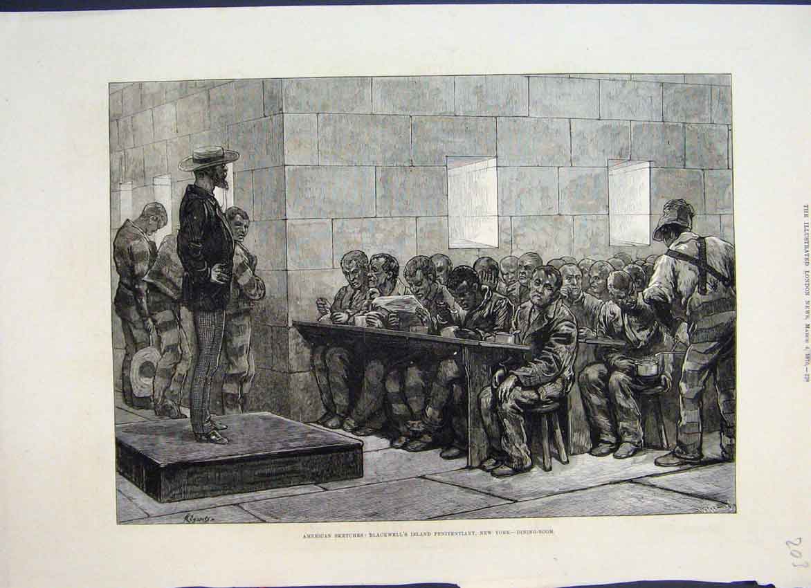 Original Old Antique Print 1876 Blackwells Island Penitentiary New York 19th