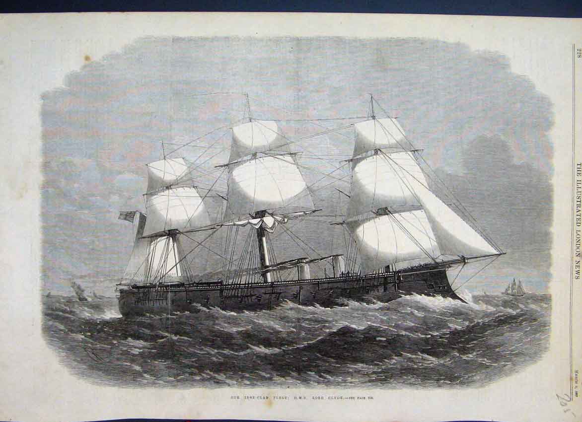 Original Old Antique Print 1867 Iron Clad Fleet Hms Lord Clyde Ship Sea 19th