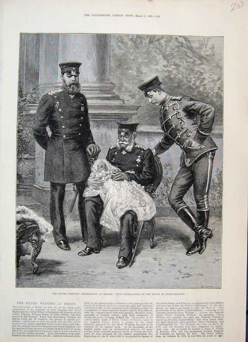 Old Antique Print 1883 Silver Wedding Berlin Hohenzollern Four Generation 19th
