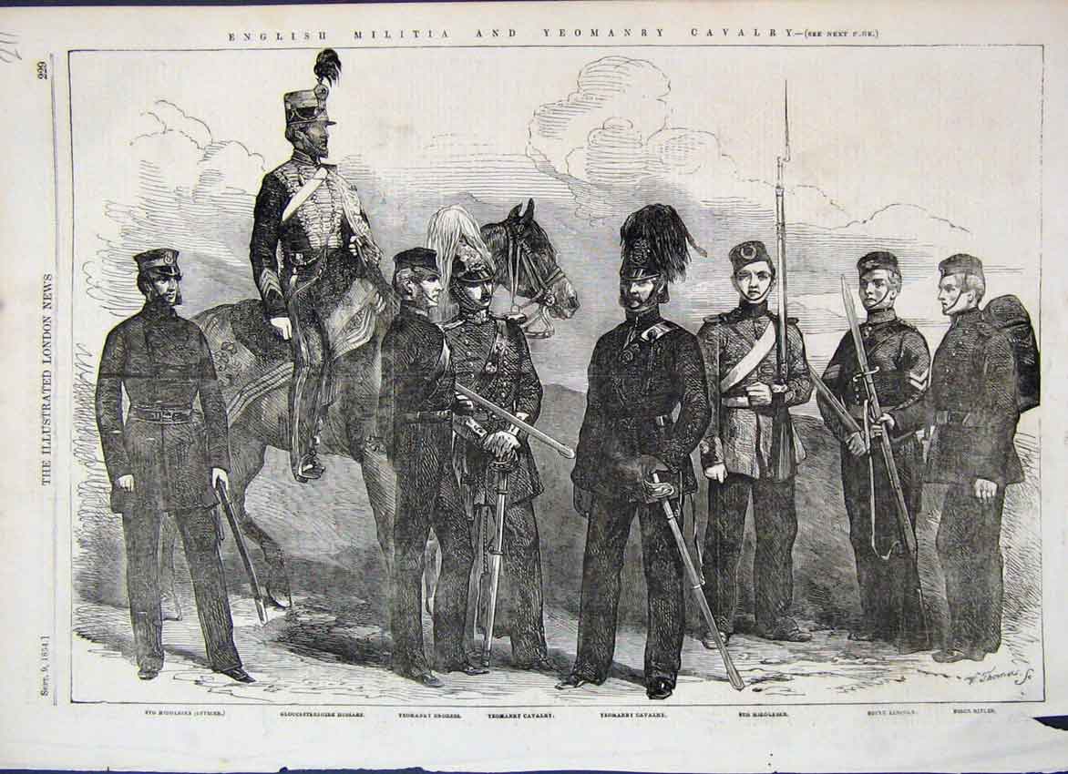 Original Old Antique Print 1854 English Militia Yeomanry Cavalry Essex Rifle