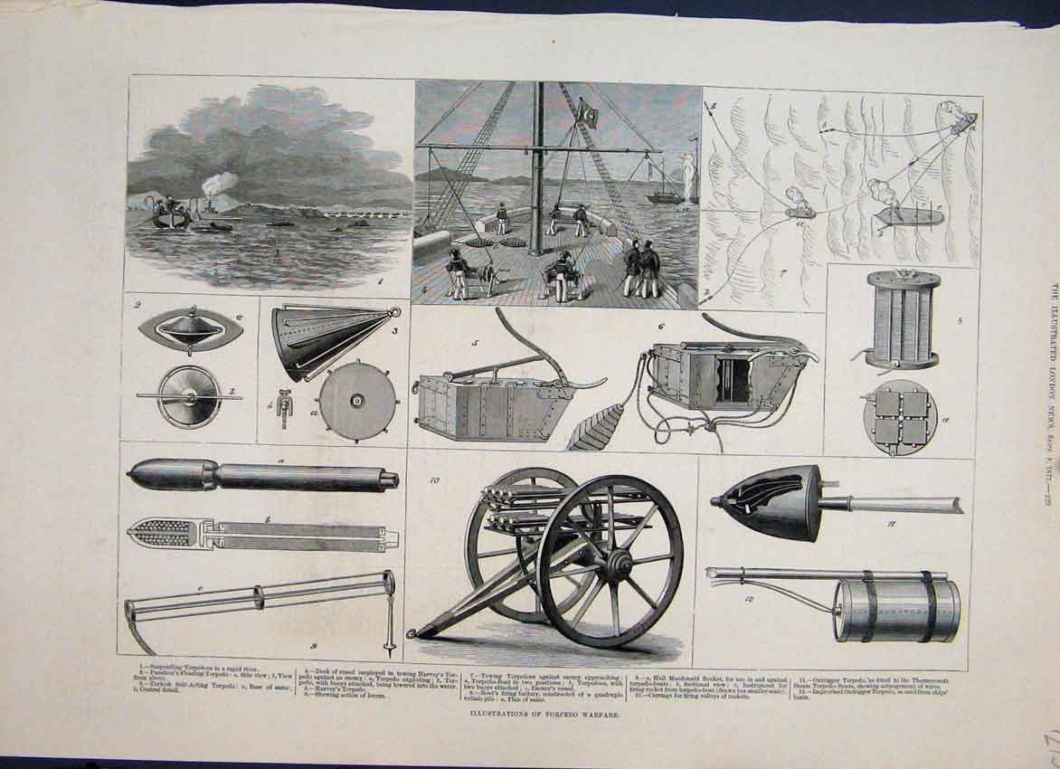 Original Old Antique Print 1877 Torpedo Warfare Illustrations Harveys Levers