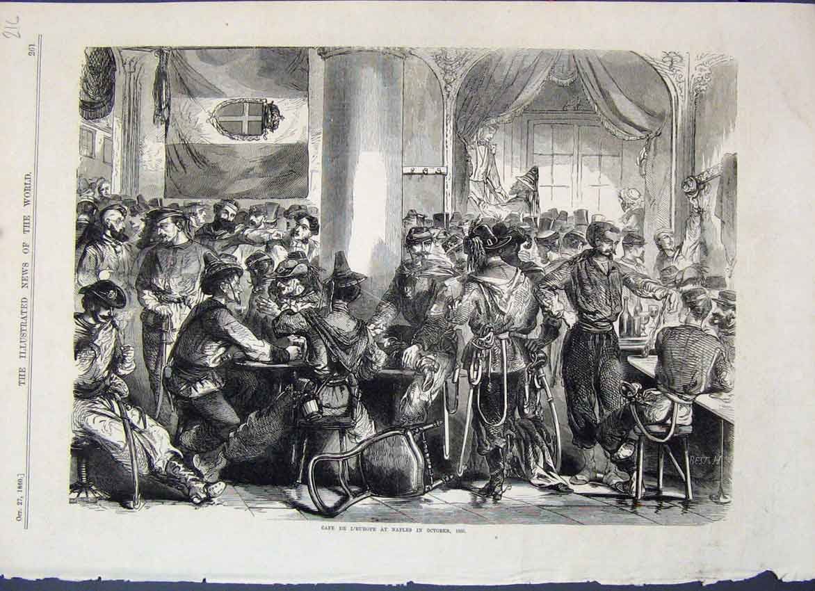 Original Old Antique Print 1860 Caf∆? De L'Europe Naples Scene 19th