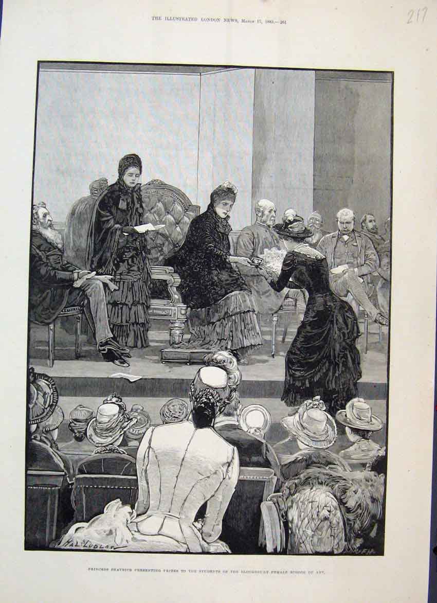 Original Old Antique Print 1883 Princess Beatrice Bloomsbury Art School 19th