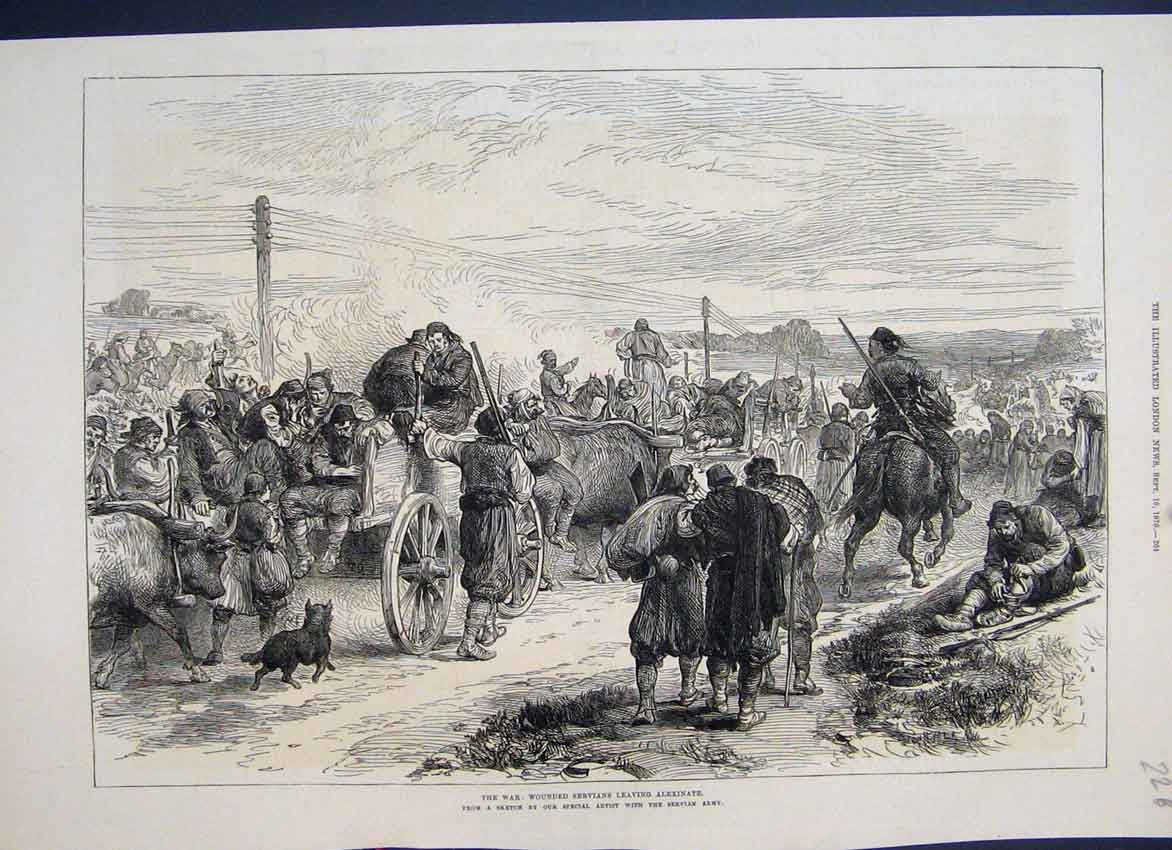 Original Old Antique Print 1876 Wounded Servian Leaving Alexinate Cart Horse