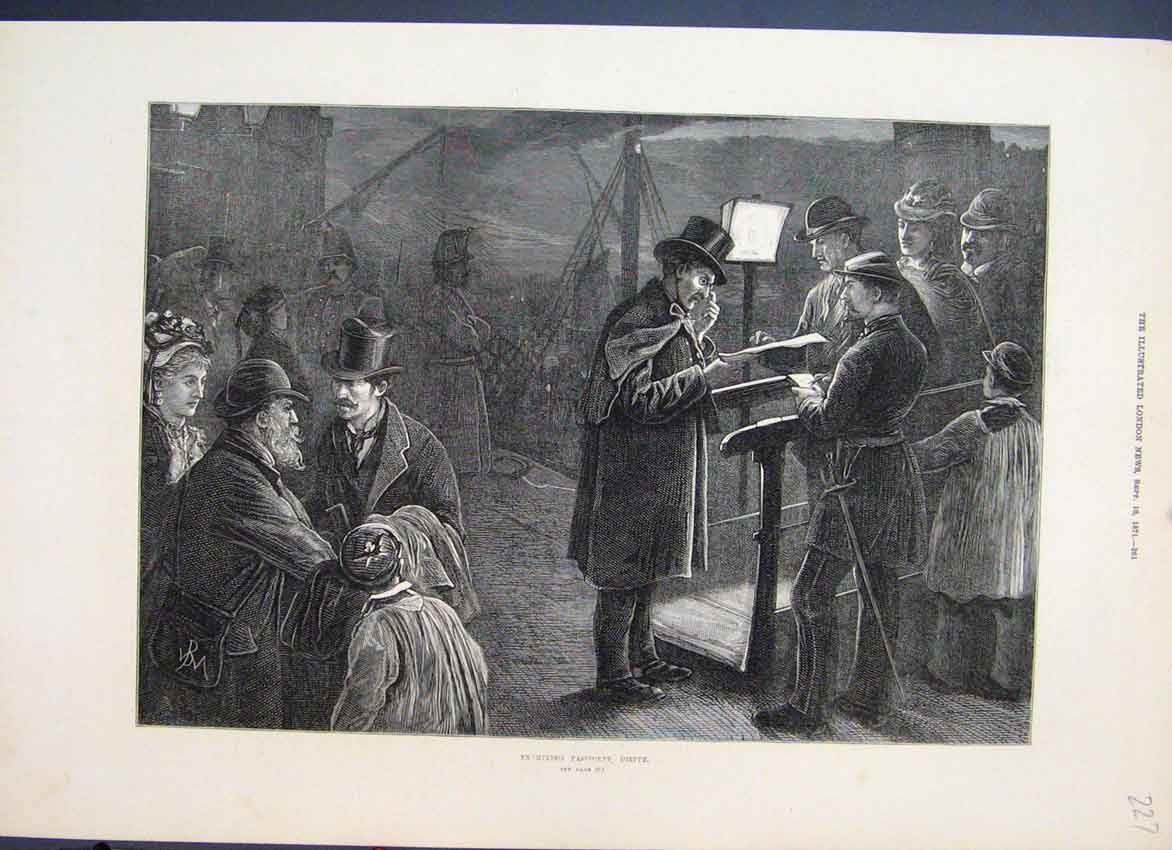 Original Old Antique Print 1871 Examining Passports Dieppe Ferry Port Victorian